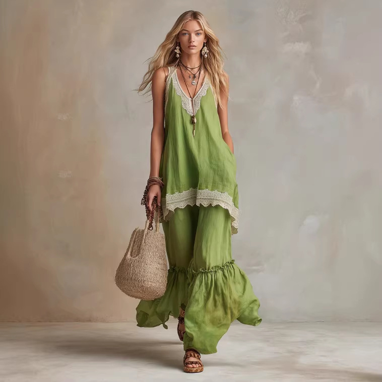 Bright Green Sleeveless Top and Wide-Leg Pants Set