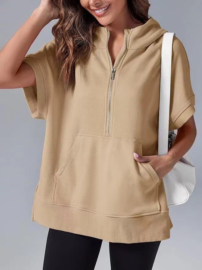 Solid Color Casual Short Sleeve Hooded Sweatshirt
