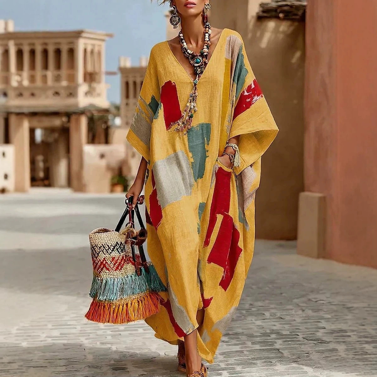 Women's Boho Ethnic Print A-Line Dress with Pockets