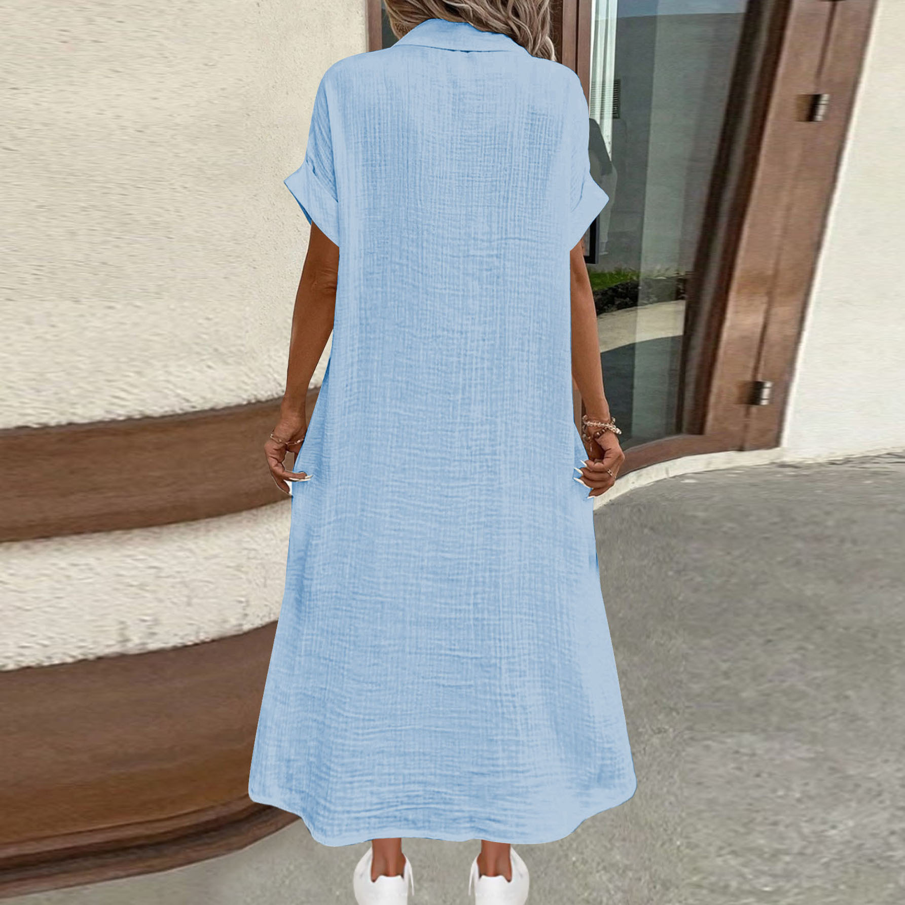 Women's Short Sleeve Long Shirt Dress Solid Color Casual