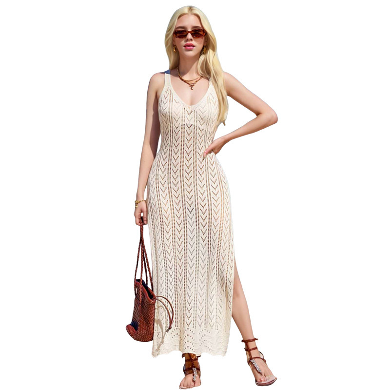 V-Neck Sleeveless Openwork Knit Cami Dress with High Slit