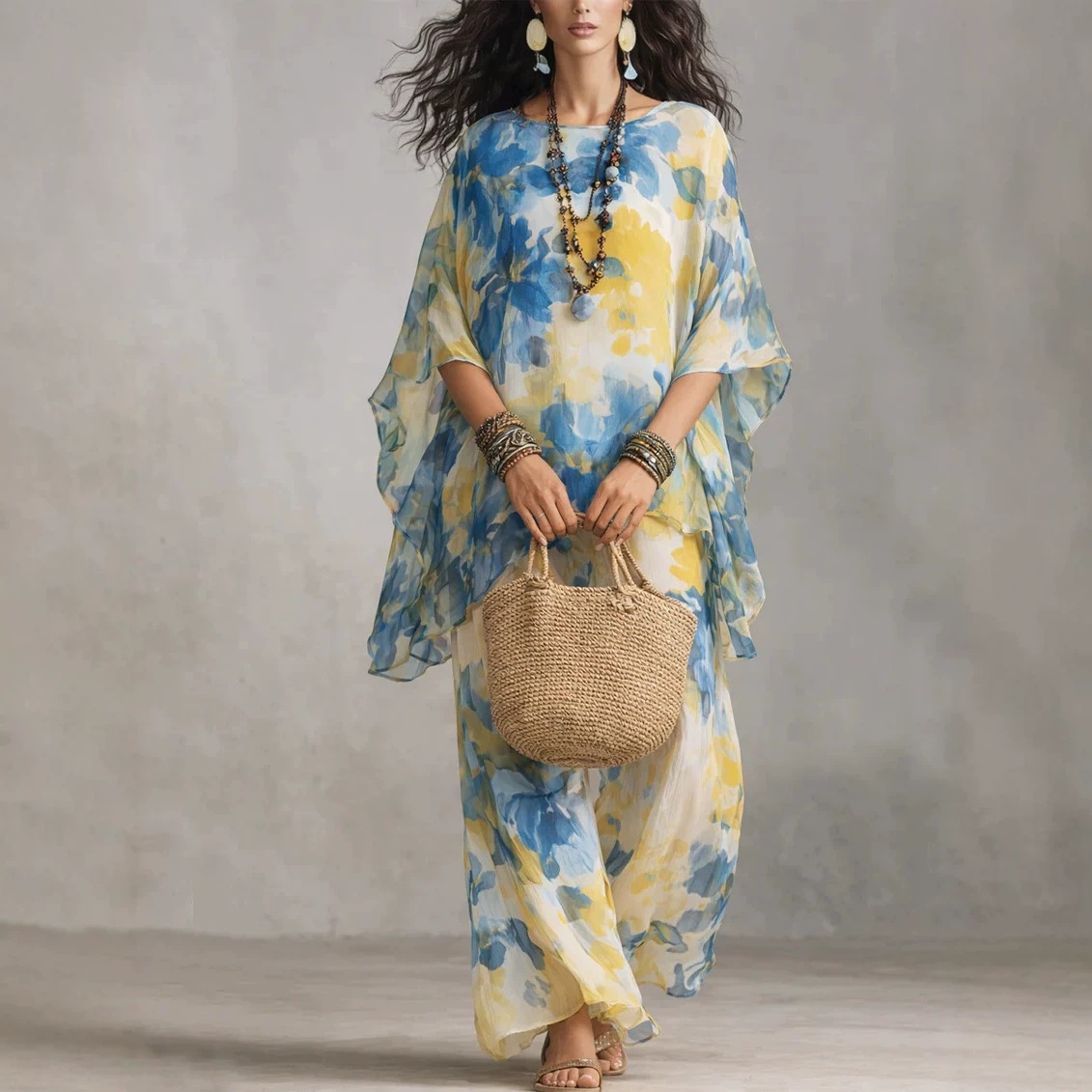 Elegant Floral Two-Piece Dress Set with Long Skirt and Loose Fit
