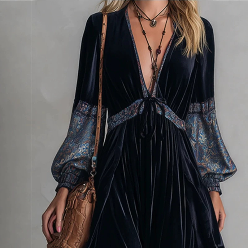Vintage Floral Print V-Neck Long Dress