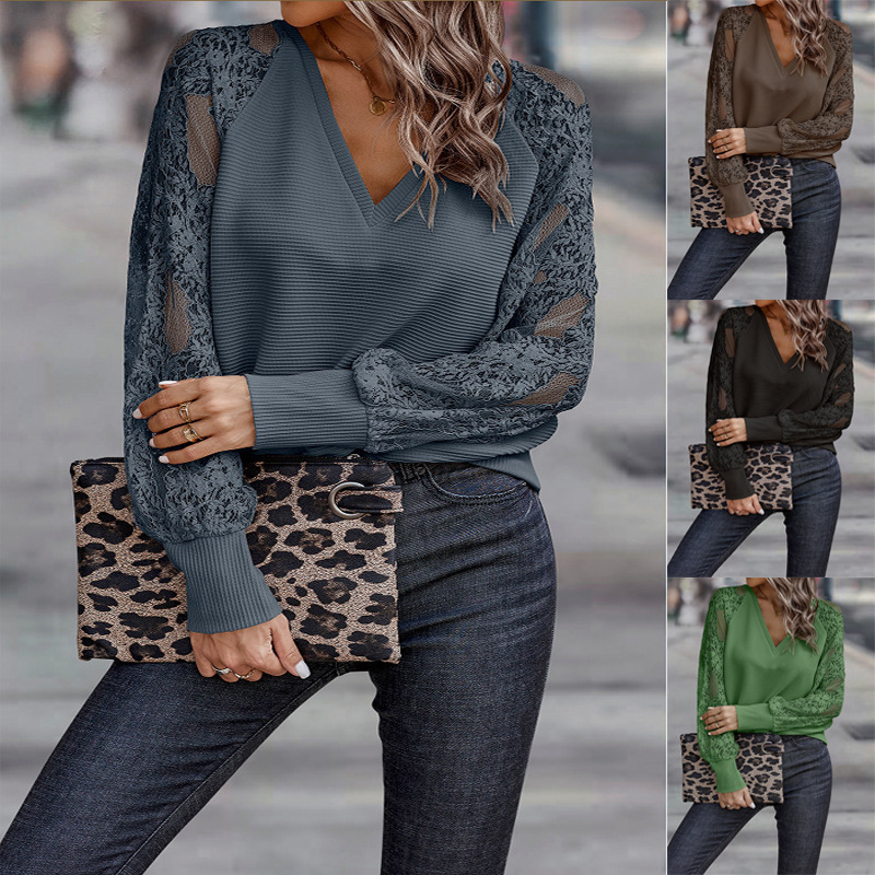 Women's V-Neck Lace-Trim Knit Top Long Sleeve