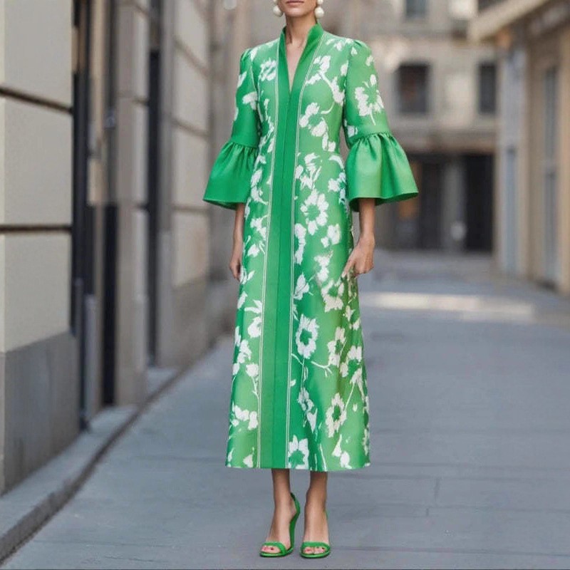 Elegant Green Floral Print Deep V-Neck Puff Sleeve Long Dress