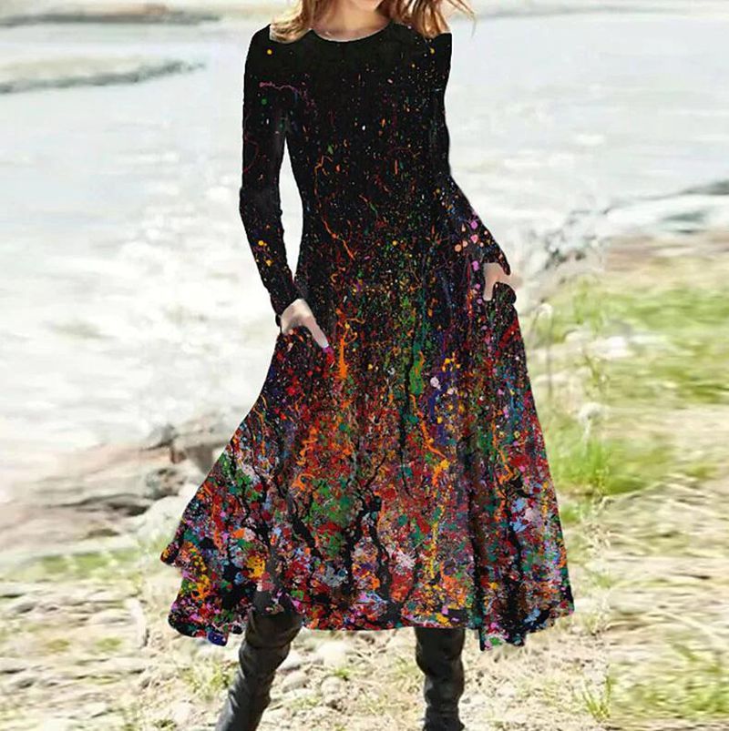 Women's Gradient Print A-Line Midi Dress with Pockets Long Sleeve Crew Neck