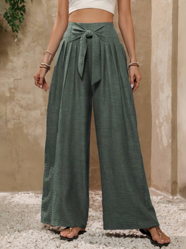 Women's High-Waist Tie-Front Wide-Leg Pants with Pockets