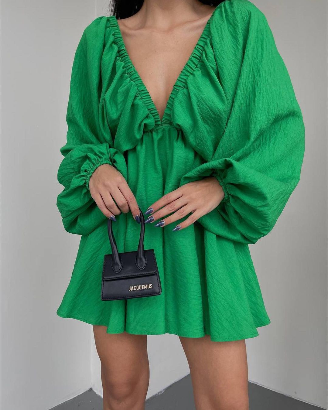 V-Neck Long Sleeve Bubble Sleeve Flared Dress