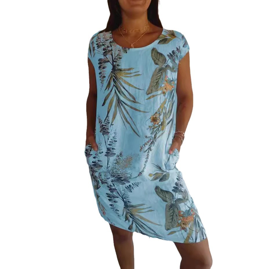 Women's Cotton Linen Print A-Line Dress with Pockets