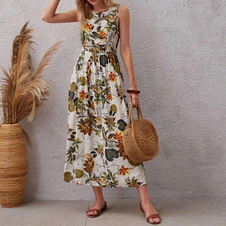 Women's Sleeveless Floral Print A-Line Midi Dress