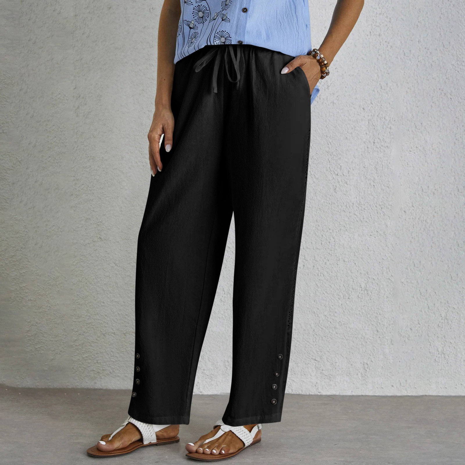Women's Cotton-Linen Drawstring Straight-Leg Casual Pants with Pockets, Lace Trim & Buttons