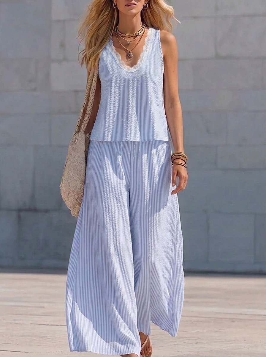 Lace V-Neck Pleated Striped Two-Piece Set with Wide-Leg Pants