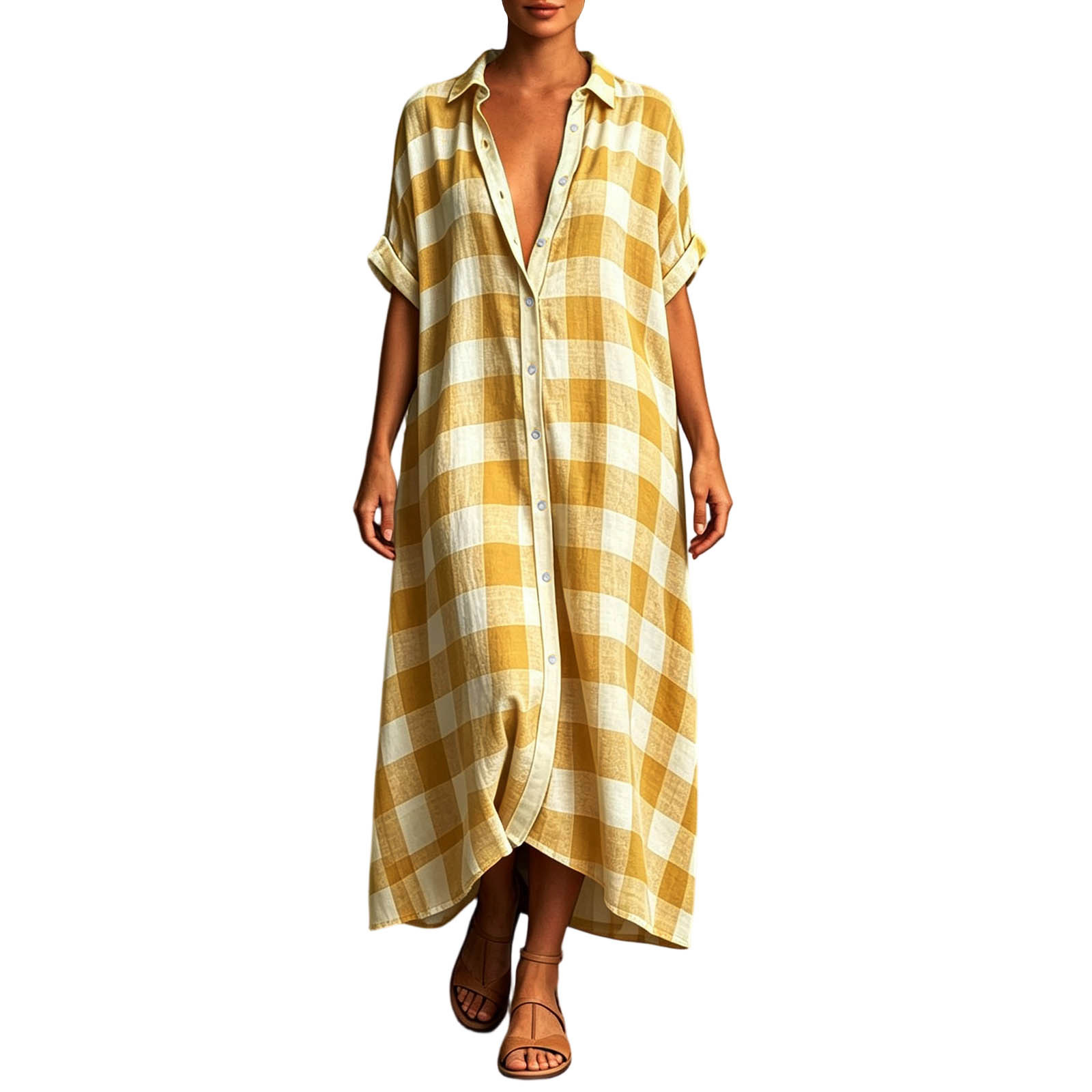 Women's Loose Plaid Shirt Dress Collared Button-Front Short Sleeve Long Vacation Dress