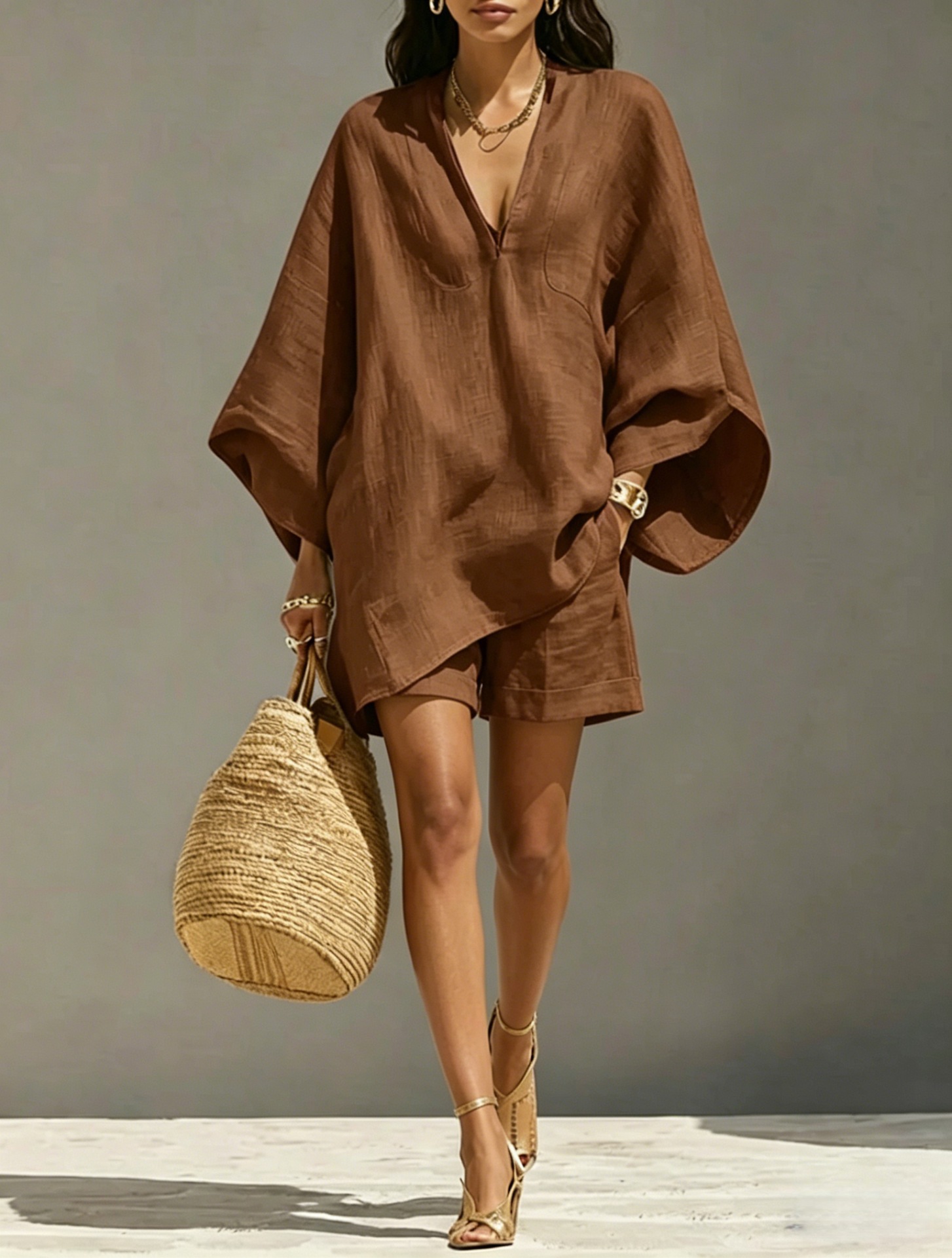 Women's Casual Batwing Sleeve V-Neck Loose Two-Piece Set with Pockets