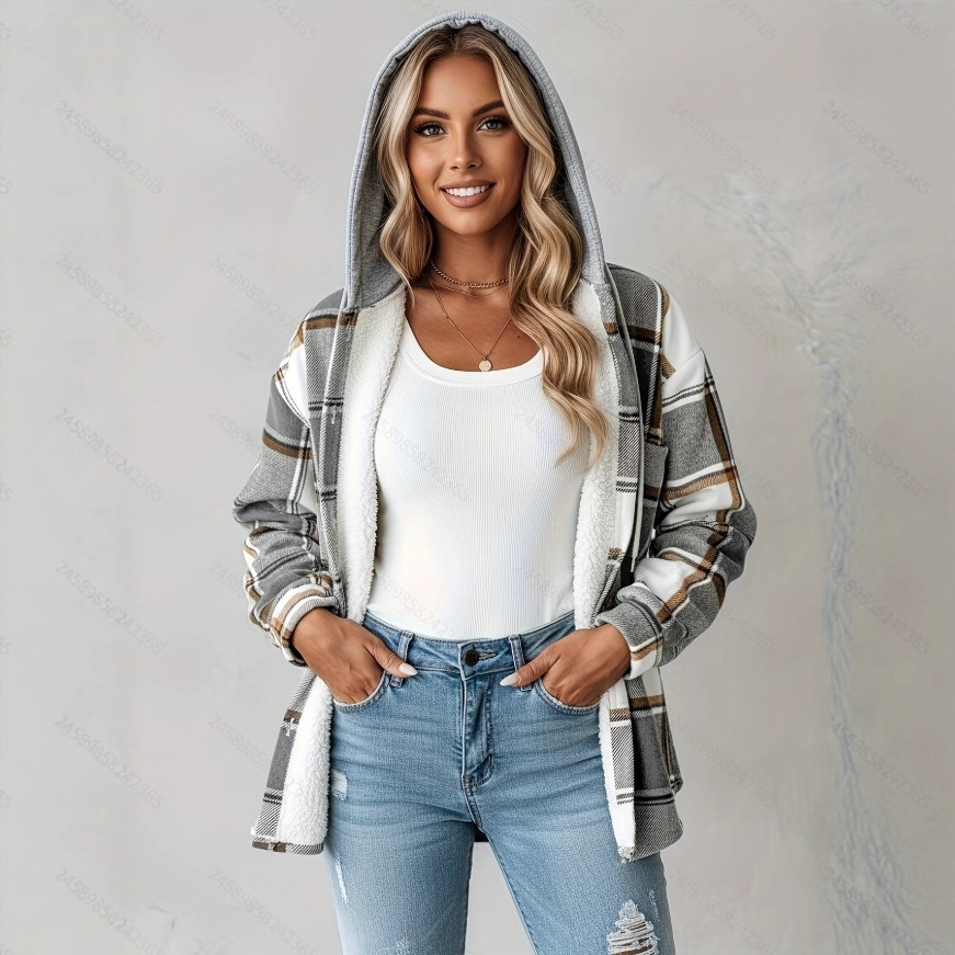 Fleece-Lined Plaid Hooded Jacket for Women