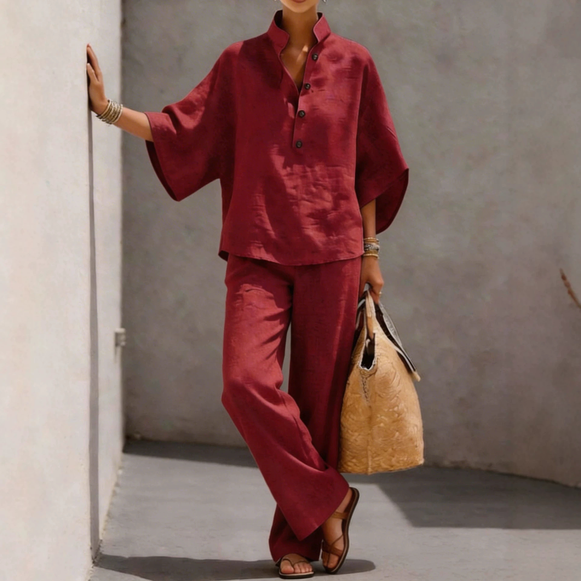 Women's Cotton-Blend Shirt and Pants Two-Piece Set