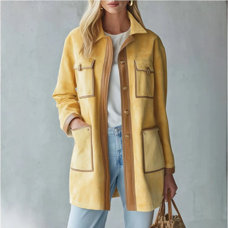 Women's Vintage Casual Mid-Length Yellow Jacket
