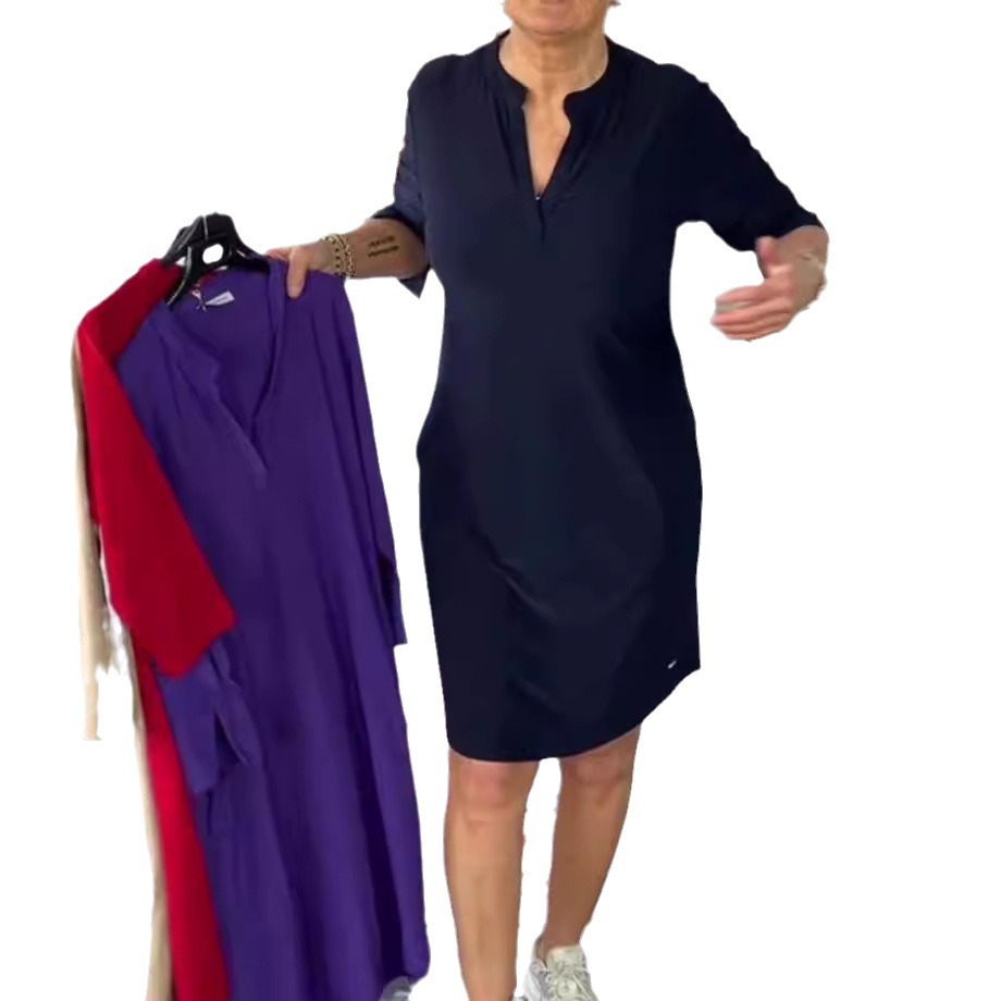 Women's Solid V-Neck Midi Dress Long Sleeve High Waist