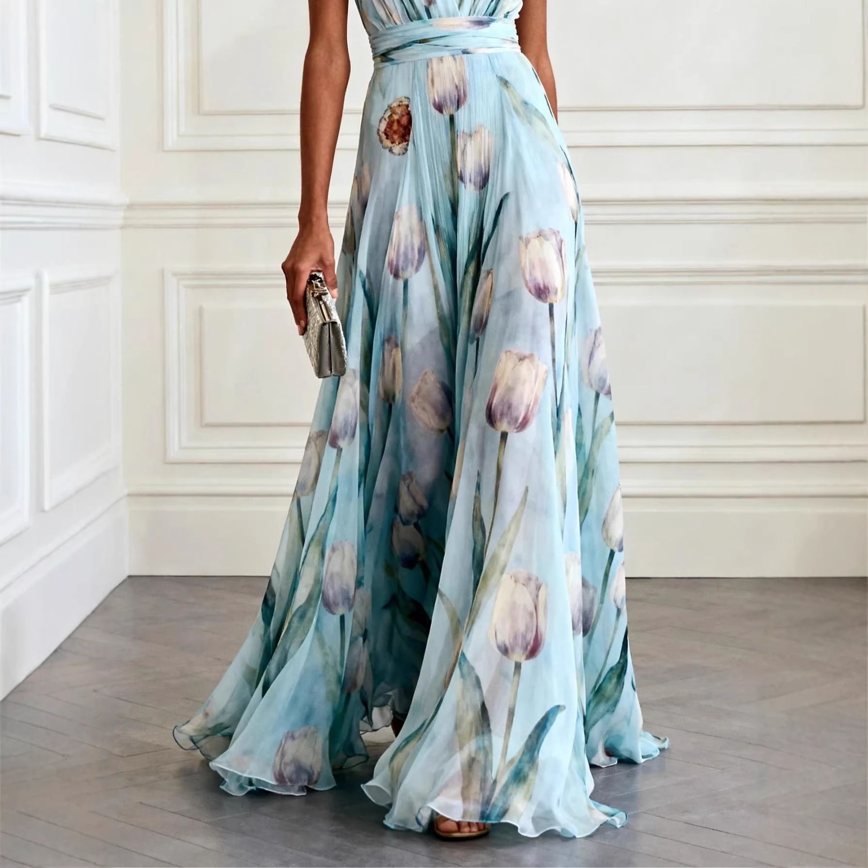 Blue Tulip Print Sleeveless V-Neck Chiffon Maxi Dress