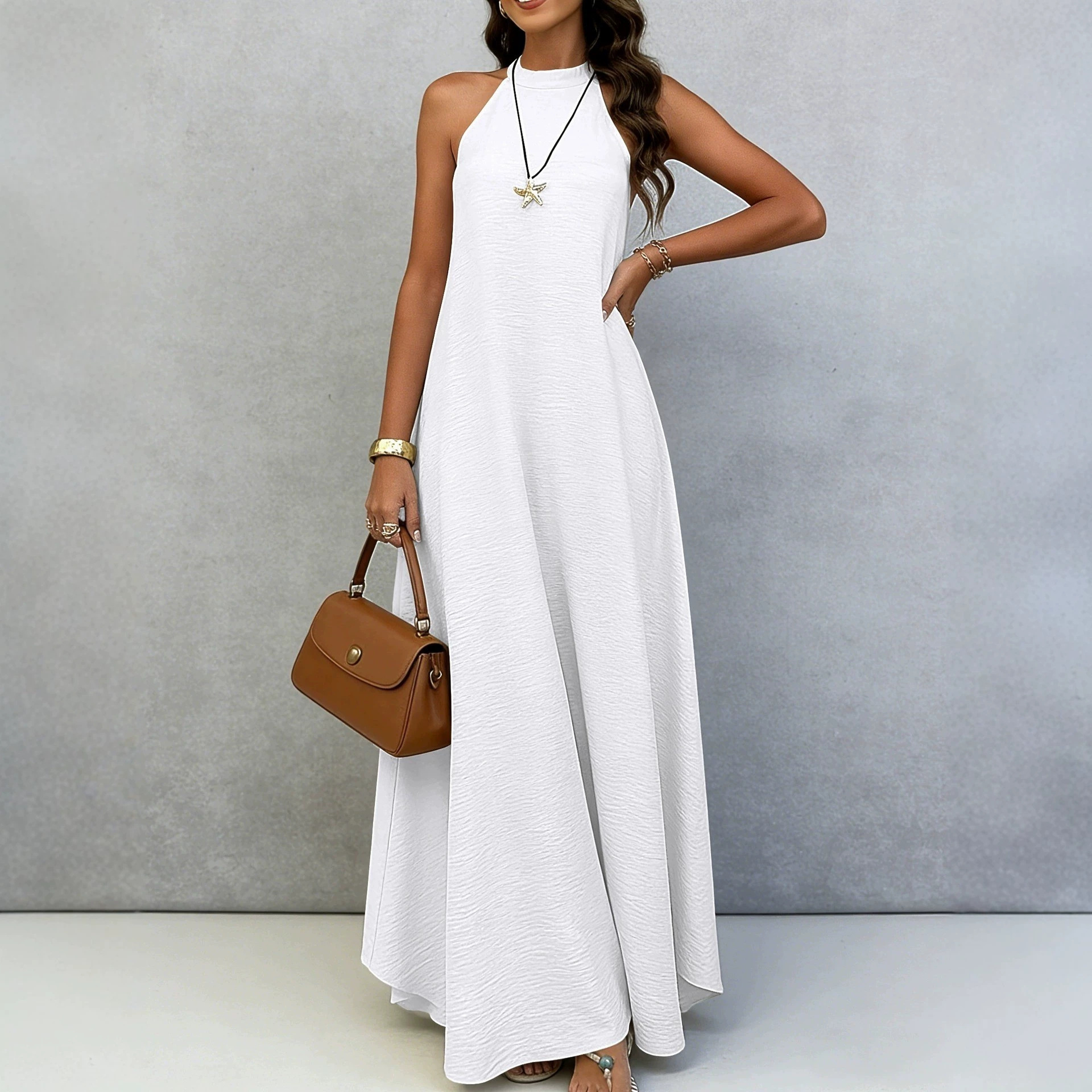 Sleeveless A-Line Midi Dress Solid Color High Waist Casual Elegant