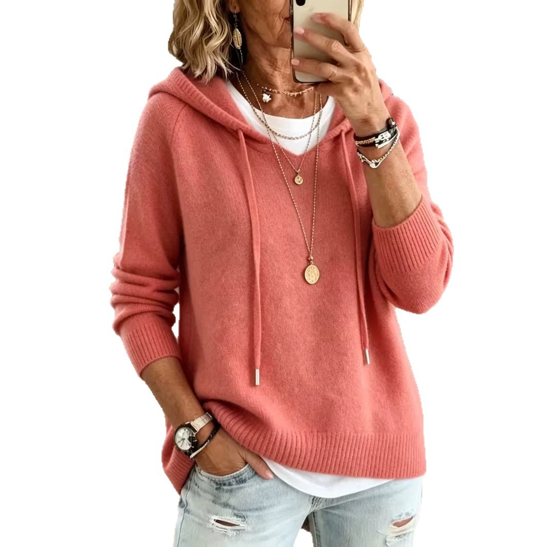 Women's Knit Hooded Drawstring Sweater Loose Pullover