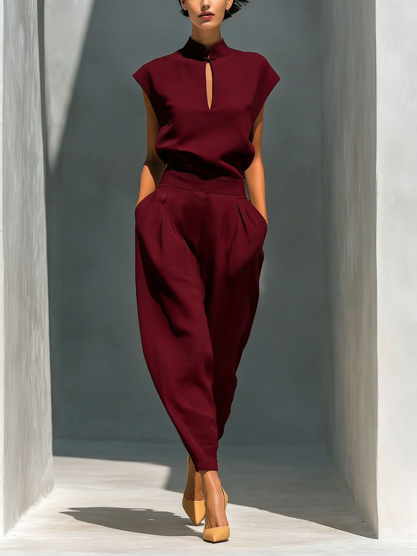 Elegant Women's Stand-Collar Cutout Top and High-Waist Barrel Pants Set