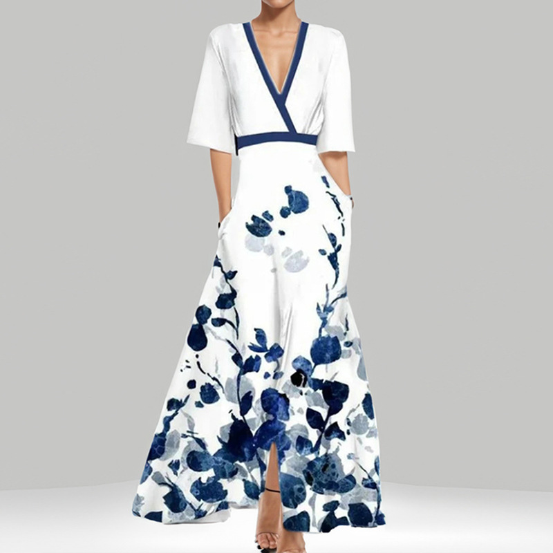 Elegant V-Neck Floral Print Slim-Fit Long Dress