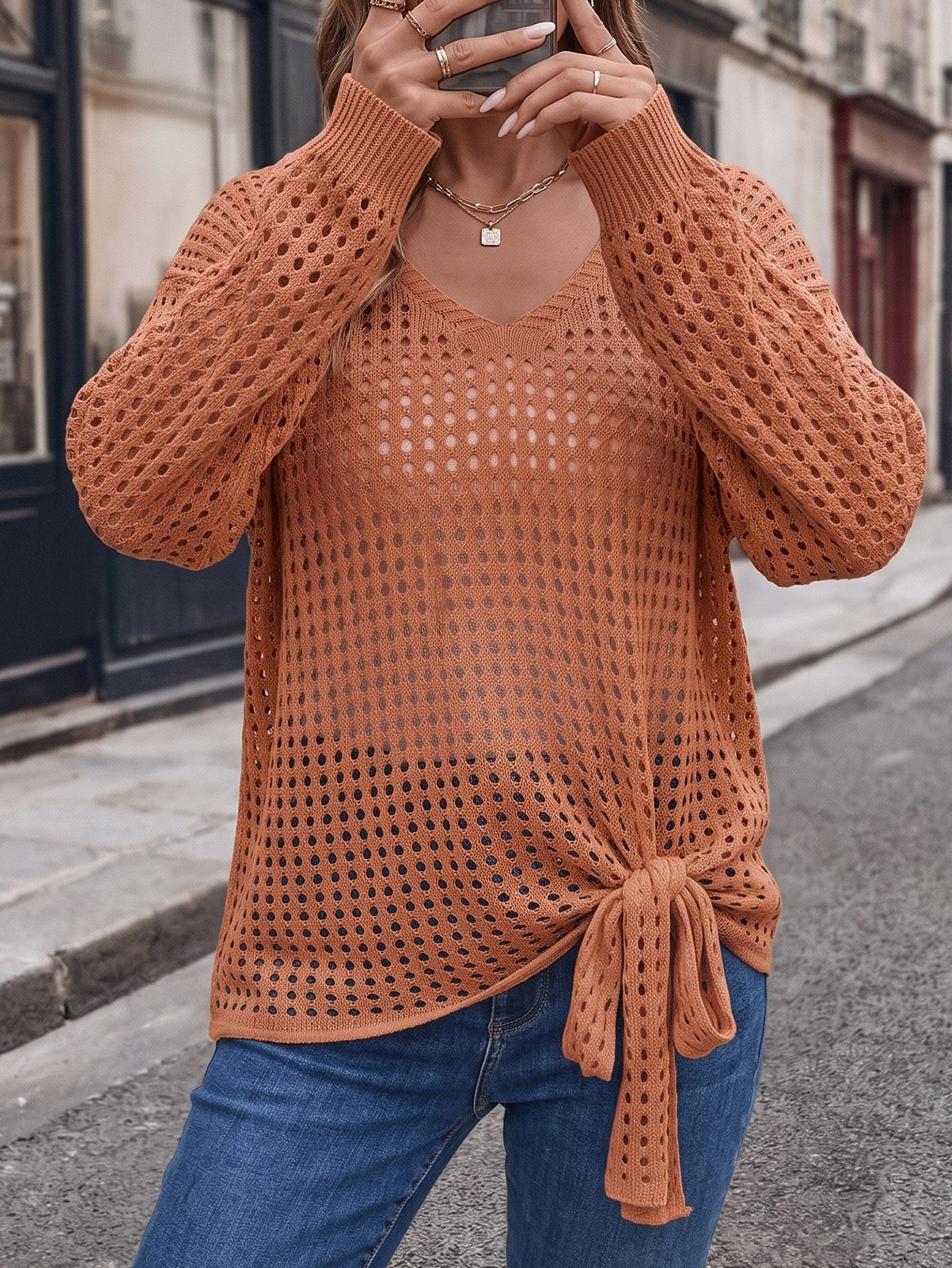 Women's V-Neck Hollow-Out Knit Sweater with Tie Bow Long Sleeve Pullover