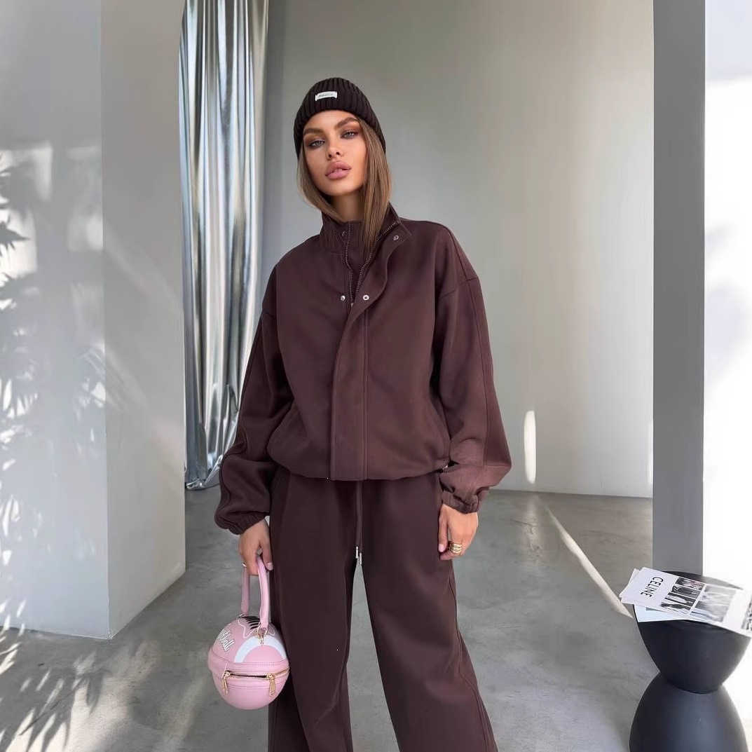 Minimalist Two-Piece Set: Zip-Up Stand Collar Jacket & Wide-Leg Pants