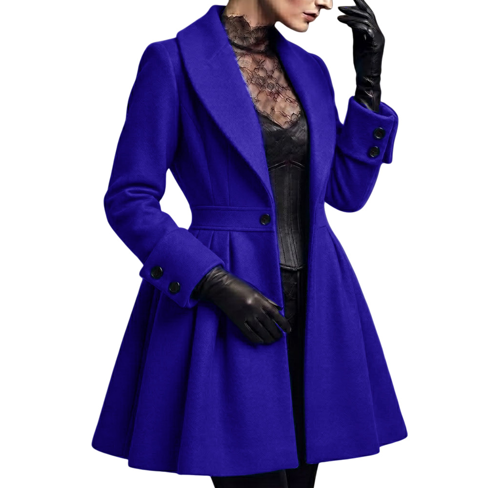 Women's Long Wool-Blend Pleated Coat Dress with One-Button Closure