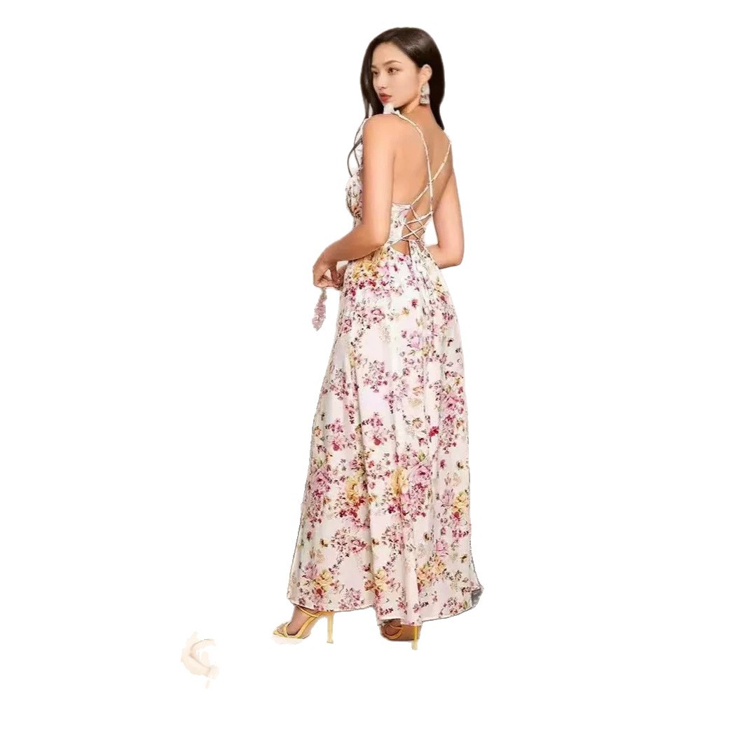 Women's Floral Print Square Neck High Slit Tie Back Maxi Dress