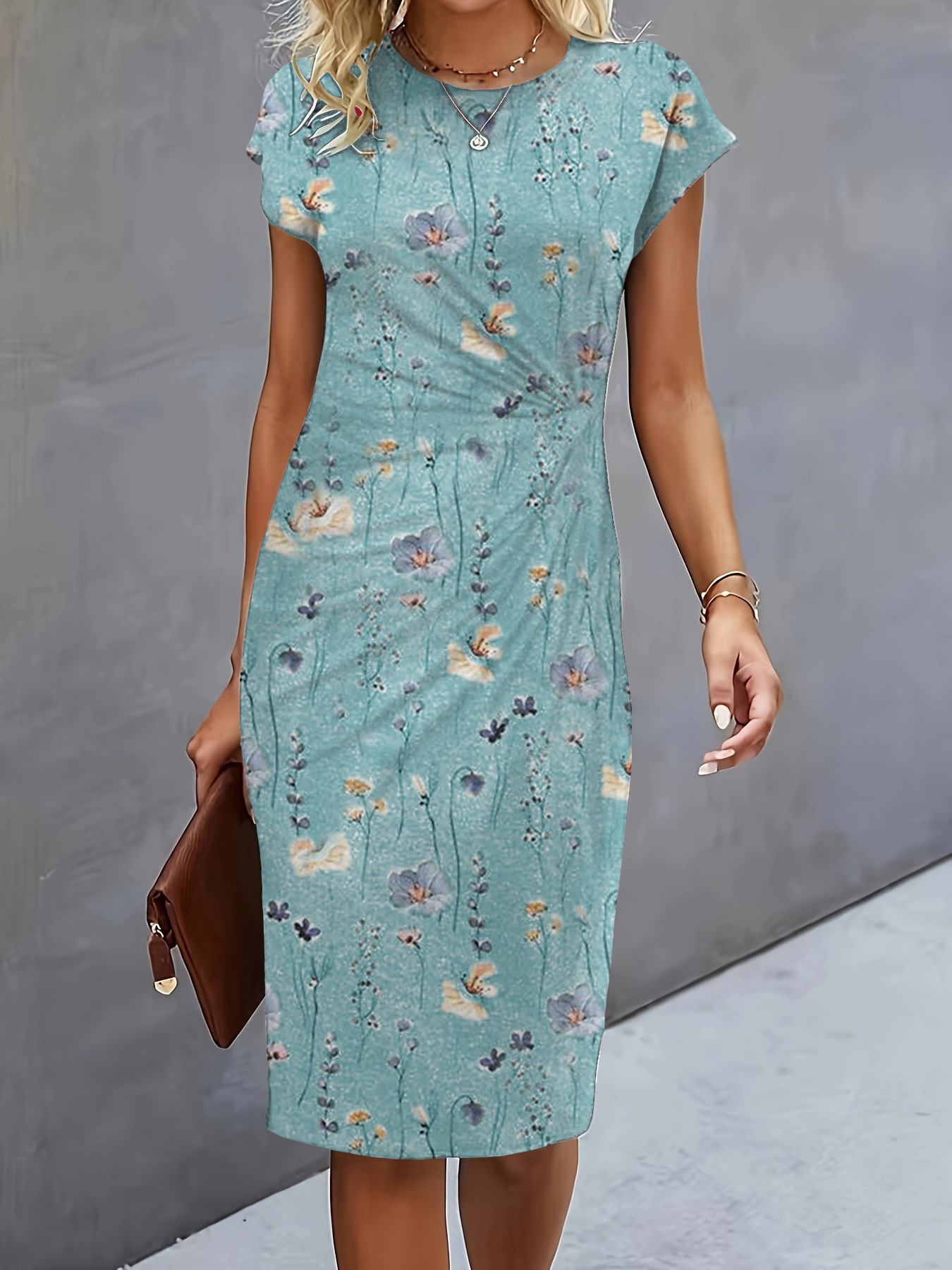Women's Waist-Cinching Twist Knot Dress Round Neck Short Sleeve Midi Bodycon Commuter Dress