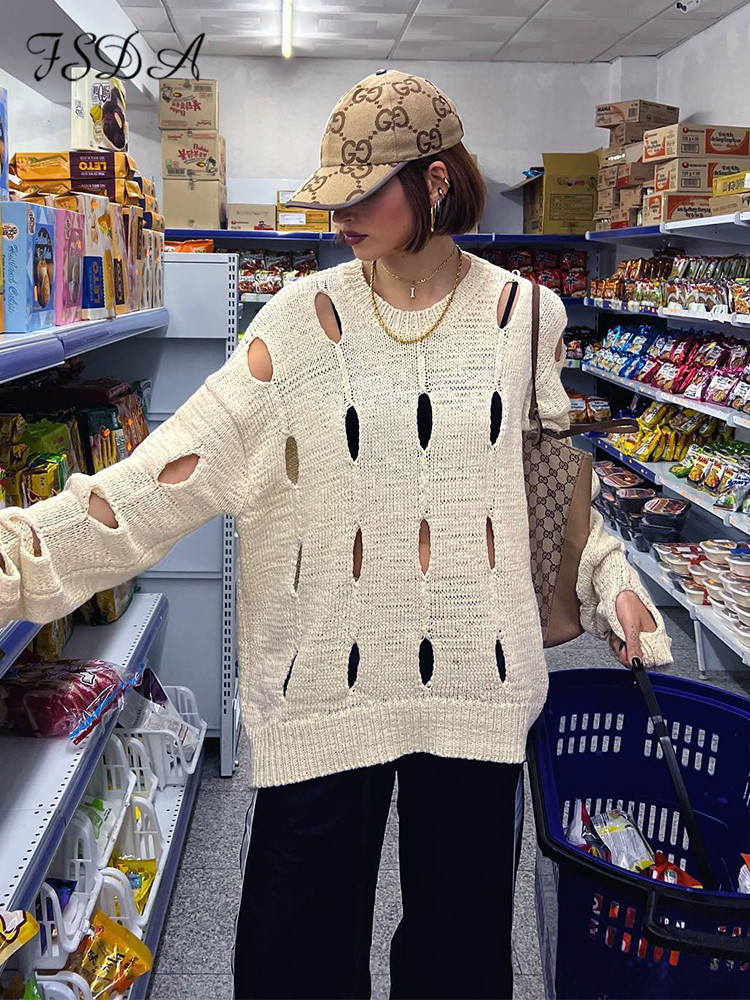 Women's Loose Fit Distressed Cutout Long Sleeve Knit Pullover Sweater