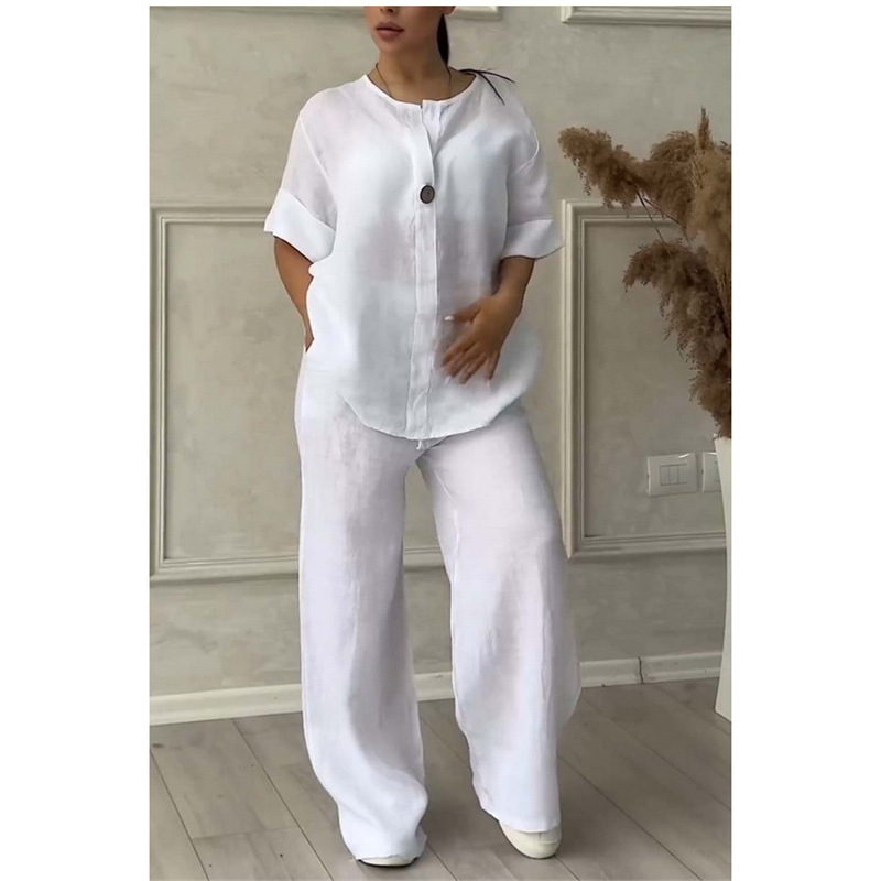 Women's Solid Color Short Sleeve Shirt and Long Pants Set Casual Two-Piece Outfit