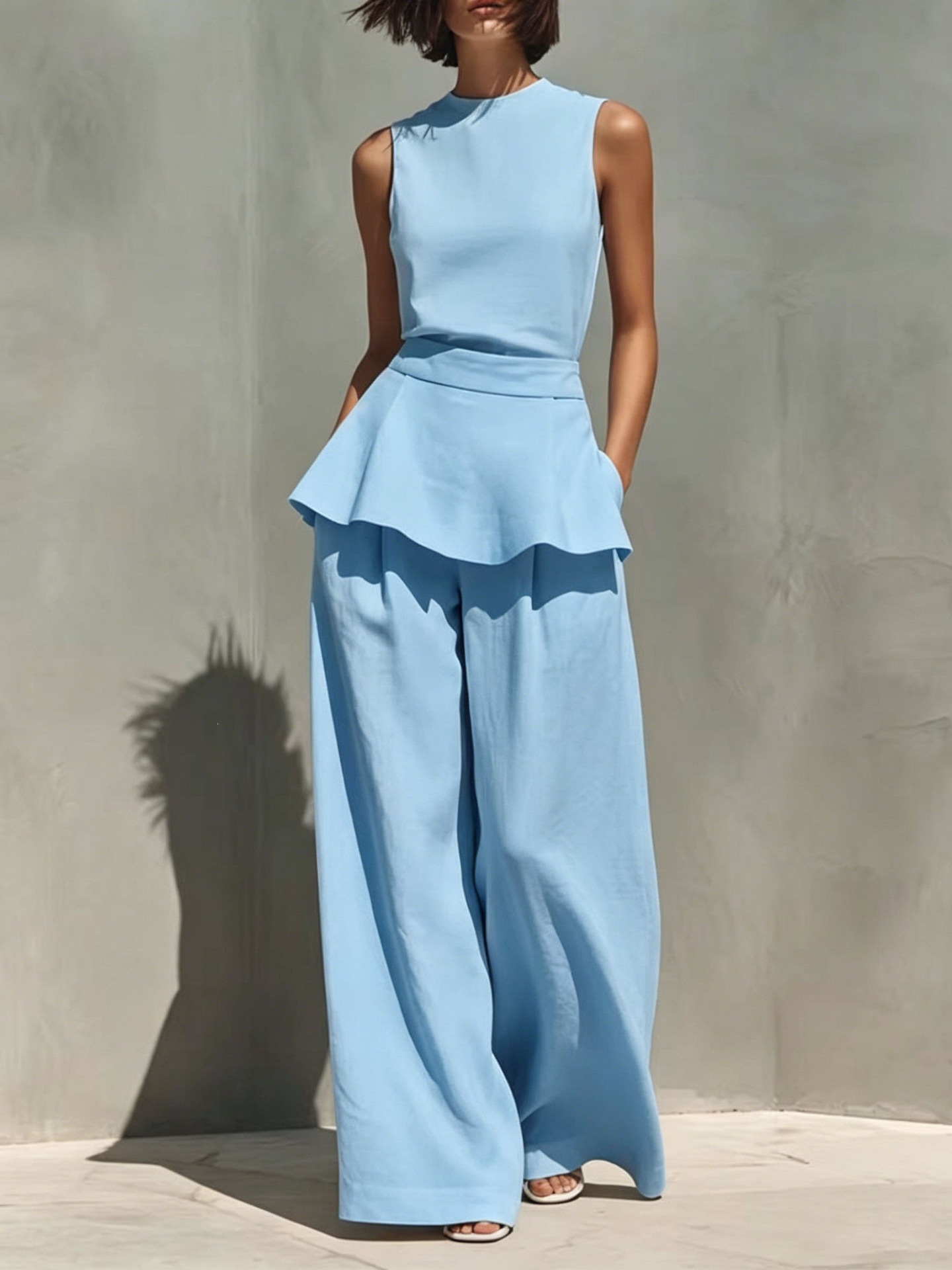 Women's Sleeveless Vest & Wide-Leg Pants Cotton-Linen Two-Piece Set