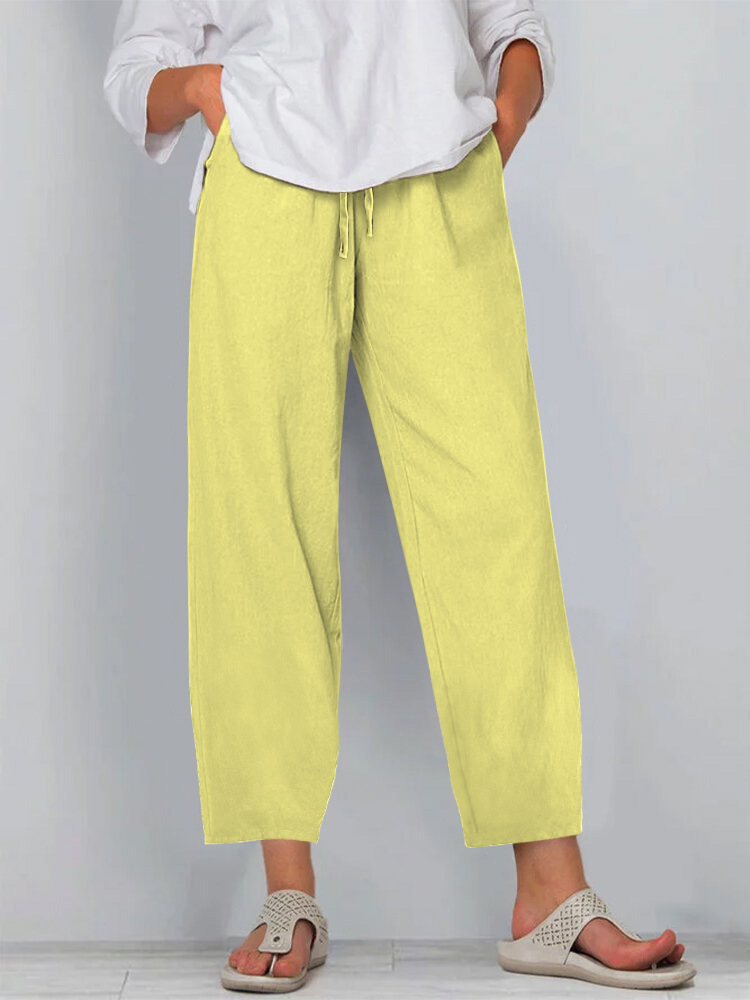 Women's Cotton-Linen Wide-Leg Pants with Elastic Waist Solid Color Casual Long Pants