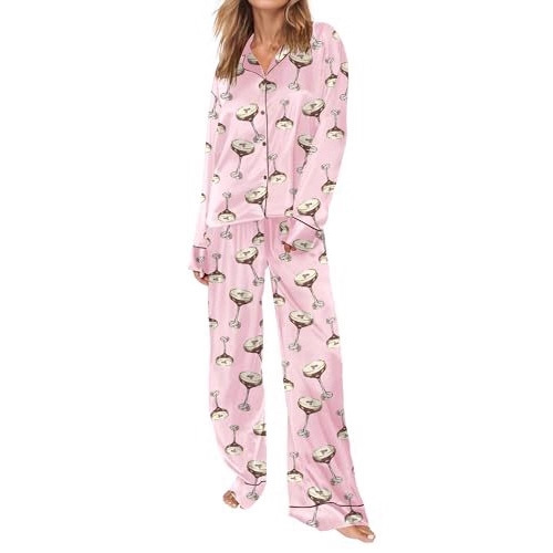 Women's Cuban Collar Print Long Sleeve Shirt Set