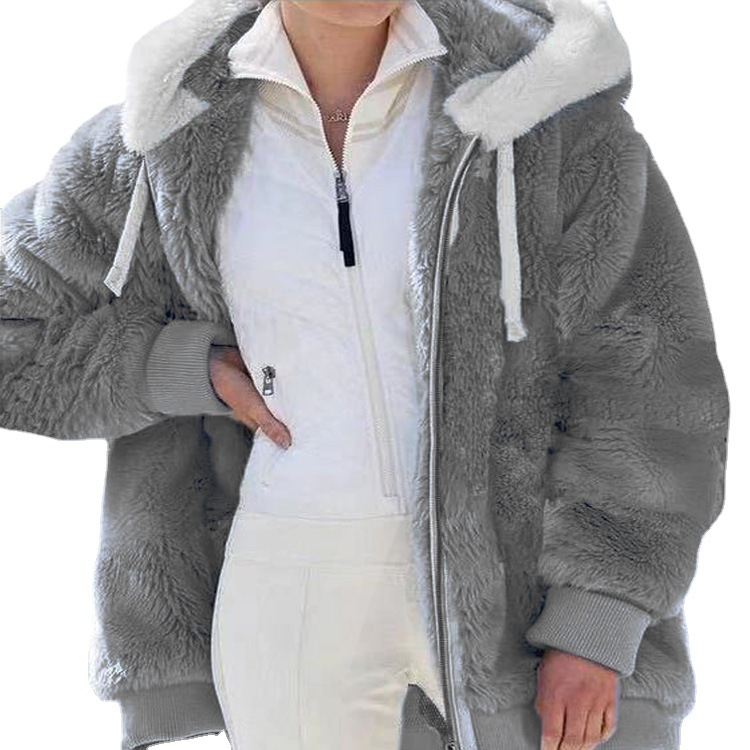 Women's Loose Solid Fleece Zip-Up Hooded Jacket