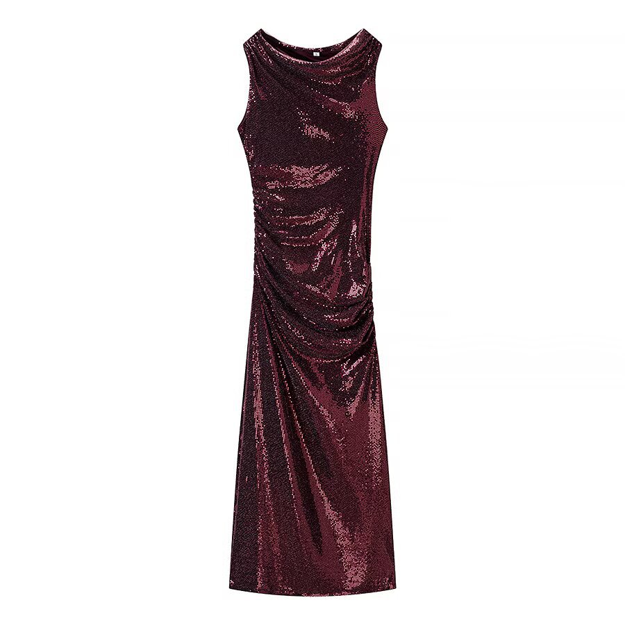 Women's Cowl Neck Bodycon Midi Dress Sleeveless Sequin Pleated