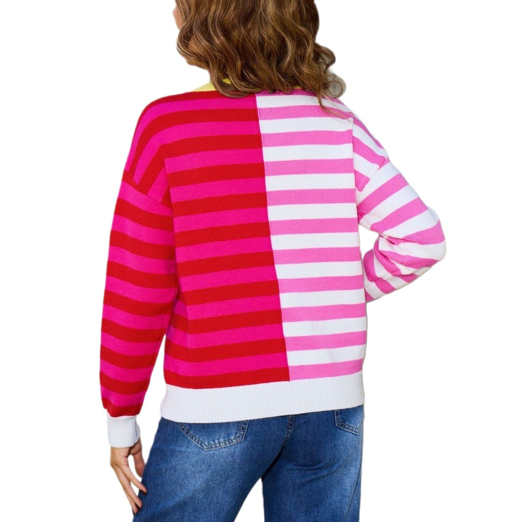 Color-Block Striped Crewneck Knit Sweater
