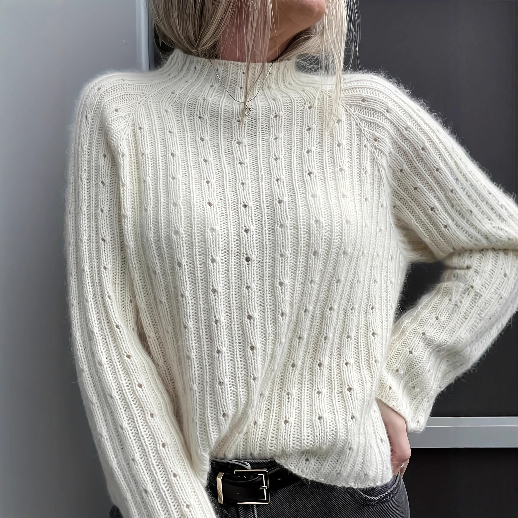 Women's Open-Knit Pullover Sweater with Round Neck
