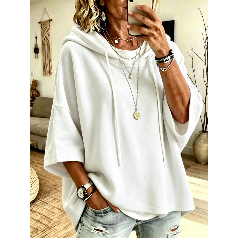 Women's Solid Color Hooded Pullover Sweatshirt with Three-Quarter Sleeves
