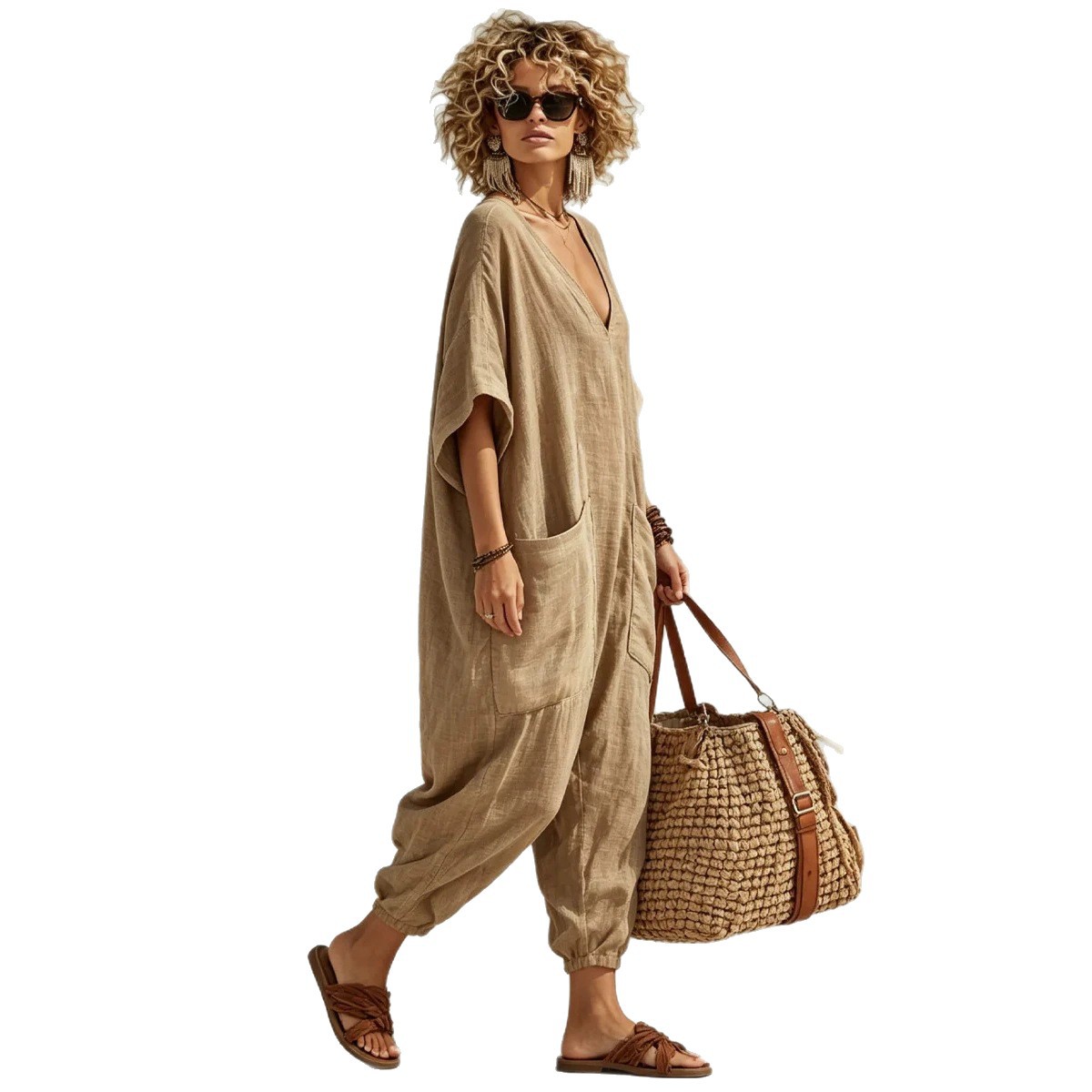 Women's Loose V-Neck Linen-Blend Jumpsuit with Pockets, Lantern Pants, Beach Vacation