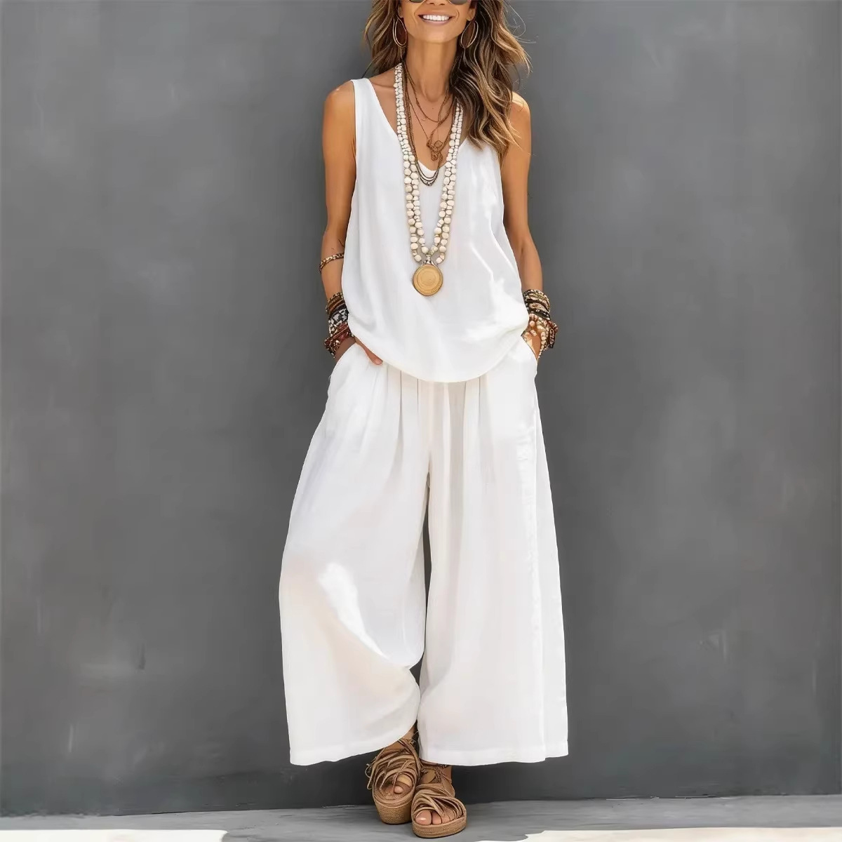 Women's Cotton-Linen V-Neck Tank Top and Pants Two-Piece Set