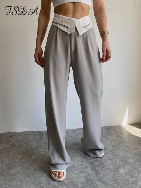 Women's High-Waist Wide-Leg Straight Pants with Fold-Over Waistband