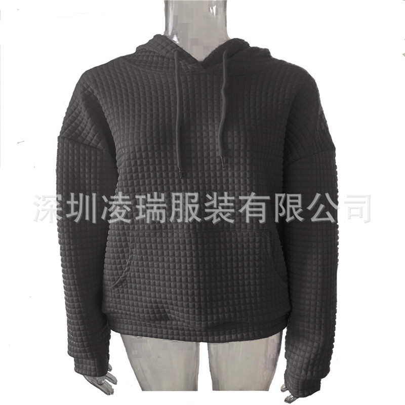 Women's Waffle Knit Hooded Pullover Sweatshirt Solid Color Long Sleeve