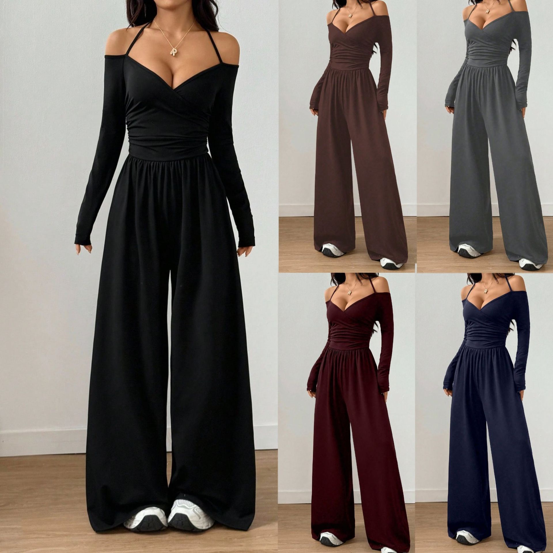 V-Neck Halter Tie Long Sleeve Wide Leg Jumpsuit with Waist