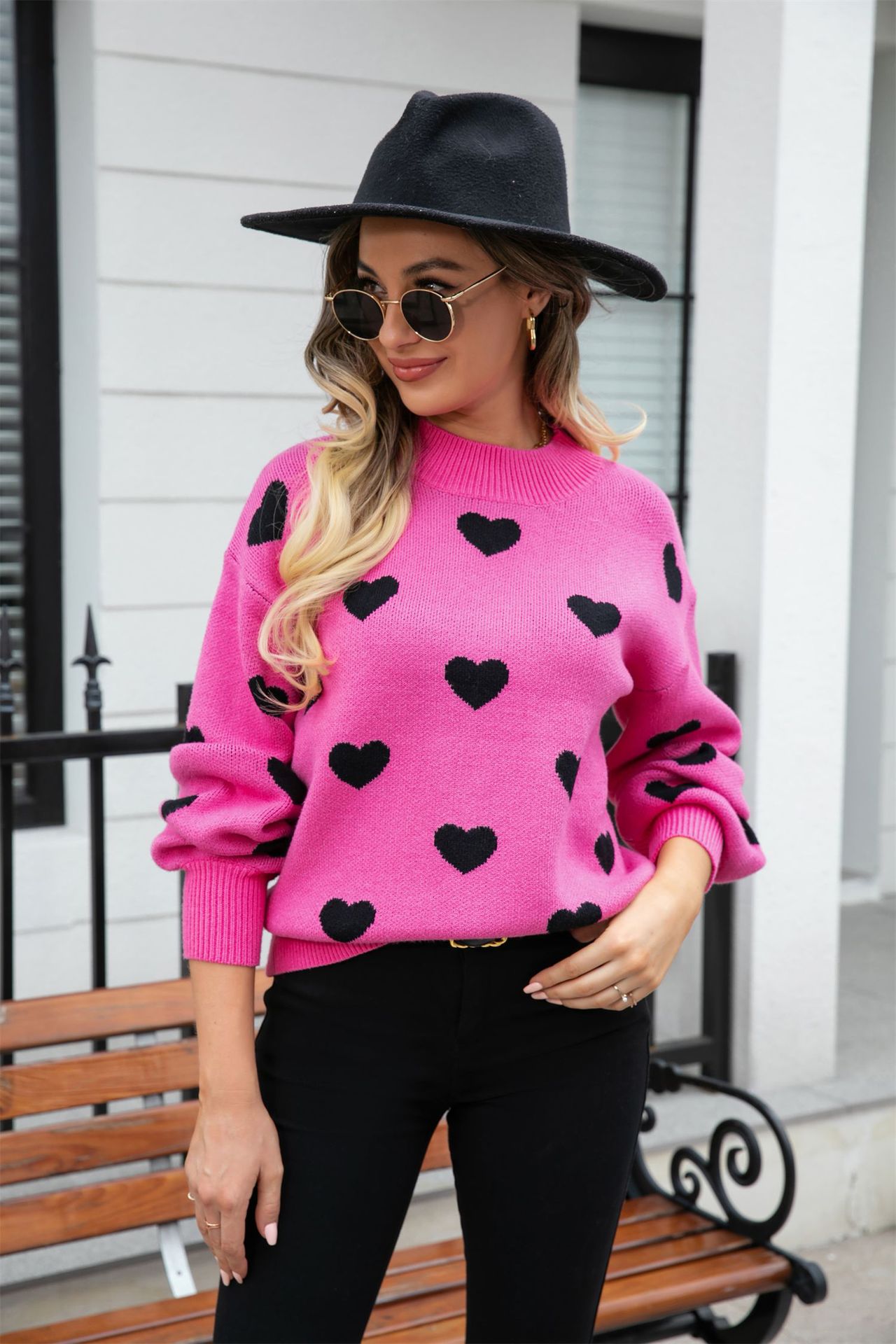 Women's Heart Knit Sweater Crew Neck Long Sleeve Pullover