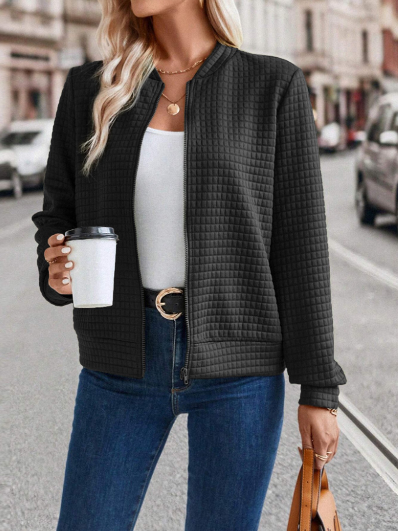 Women's Solid Color Zip-Up Jacket with Textured Finish