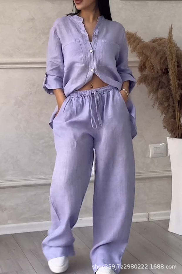 Cotton-Linen Solid Shirt & Drawstring Wide-Leg Pants Set